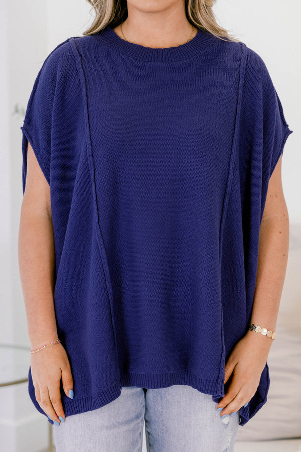Chic Soul plus size clothing, navy short sleeve slouchy fit sweater
