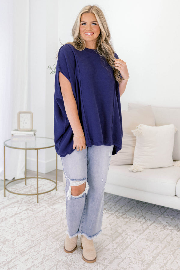 Chic Soul plus size clothing, navy short sleeve slouchy fit sweater