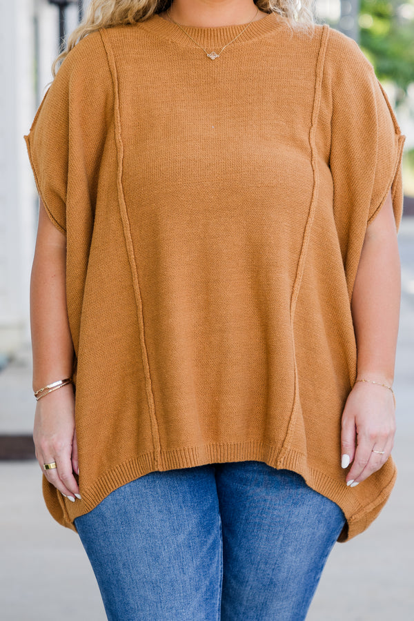 Chic Soul plus size clothing, camel short sleeve sweater top with round neckline and outer stitching detail 