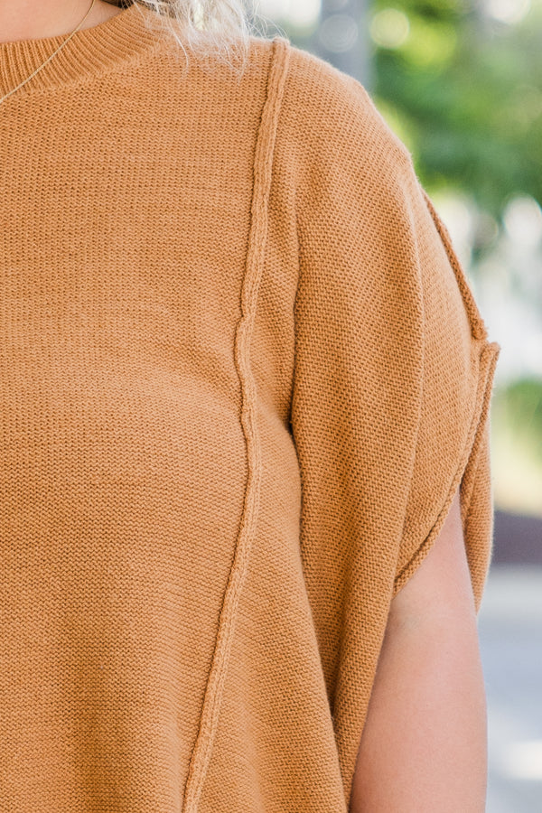 Chic Soul plus size clothing, camel short sleeve sweater top with round neckline and outer stitching detail 