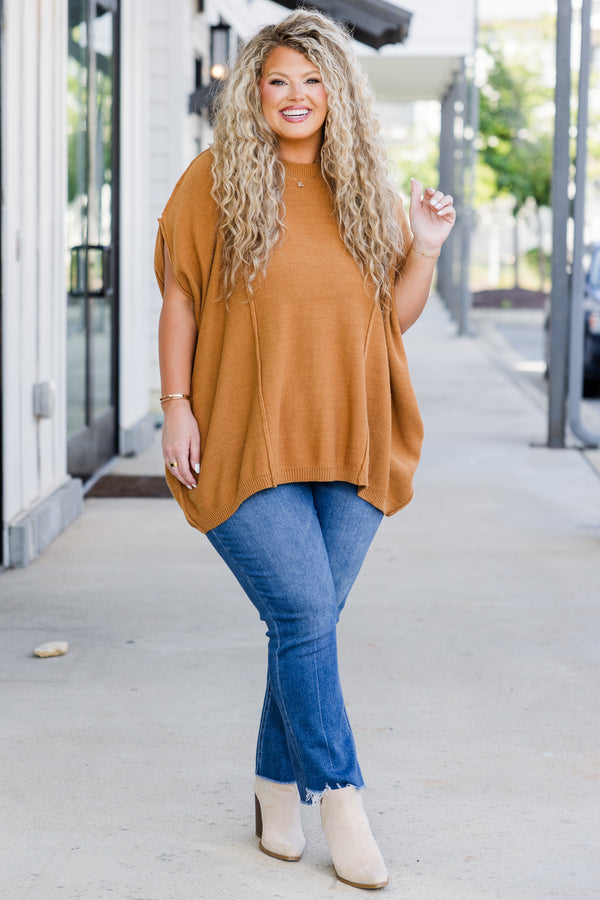 Chic Soul plus size clothing, camel short sleeve sweater top with round neckline and outer stitching detail 