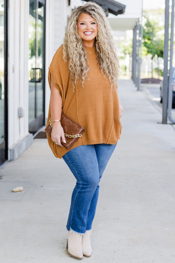 Chic Soul plus size clothing, camel short sleeve sweater top with round neckline and outer stitching detail 