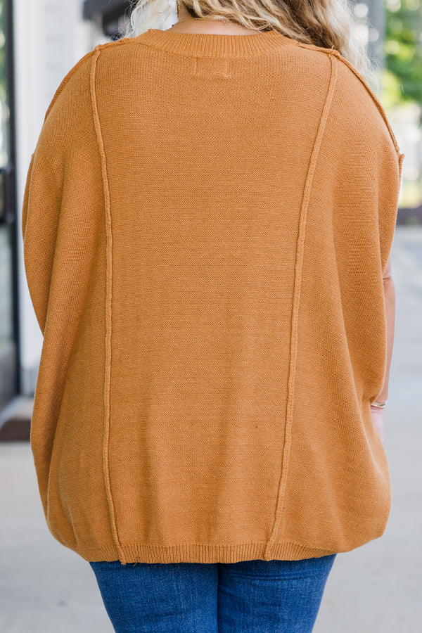 Chic Soul plus size clothing, camel short sleeve sweater top with round neckline and outer stitching detail 