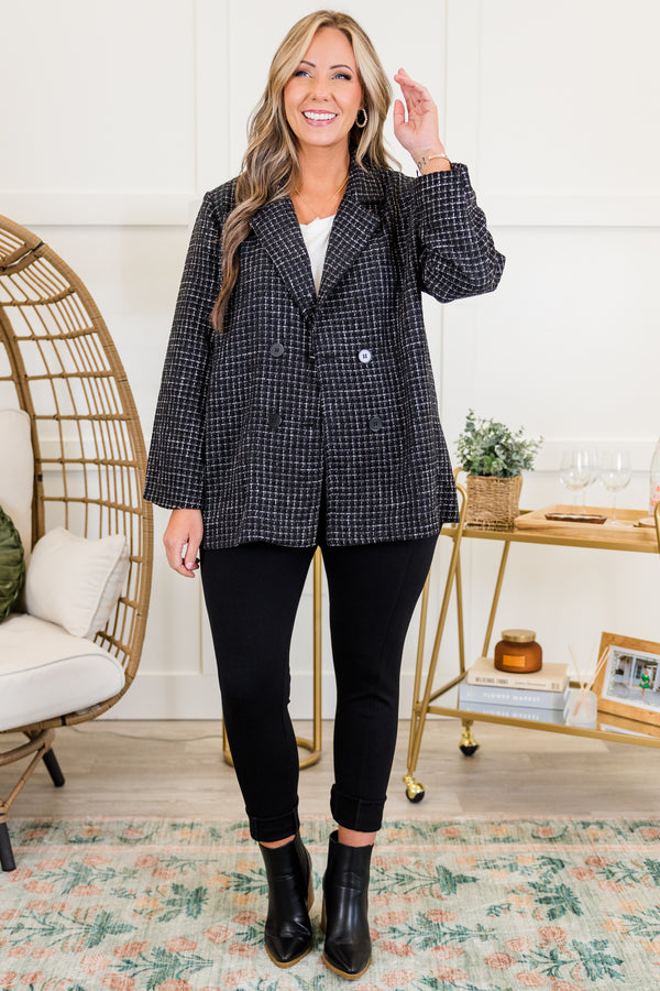 Chic Soul plus size clothing, black long sleeve tweed blazer jacket with button detail on the front with collar detail and side pockets