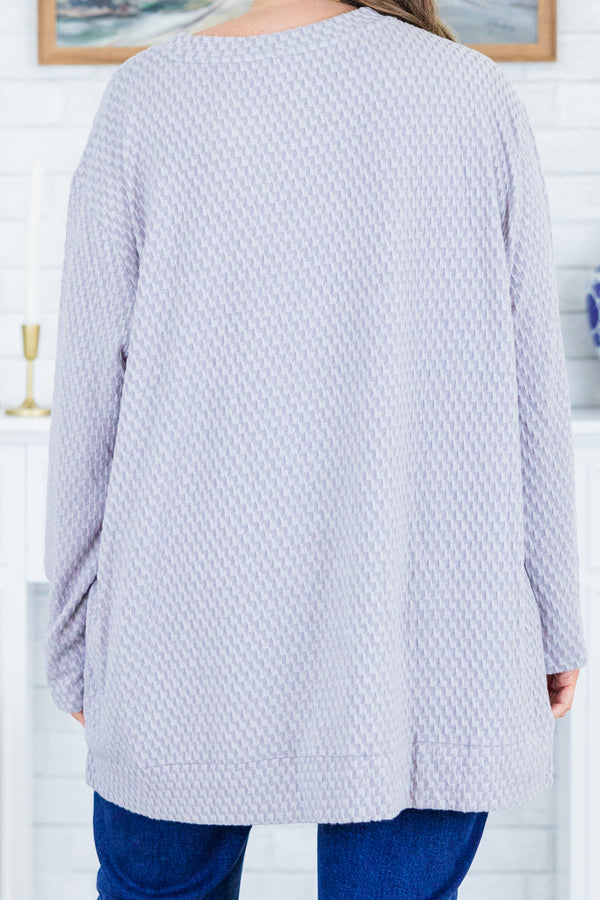 Chic Soul plus size clothing, long-sleeve light grey knit sweater with high-scoop-neckline