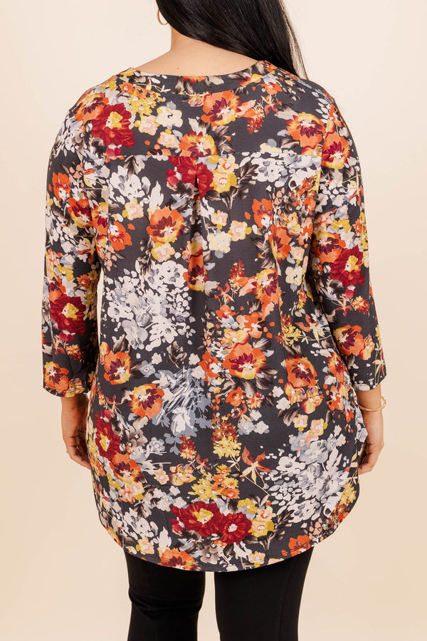 Chic Soul plus size clothing, orange/grey multicolored floral tunic with a v neckline