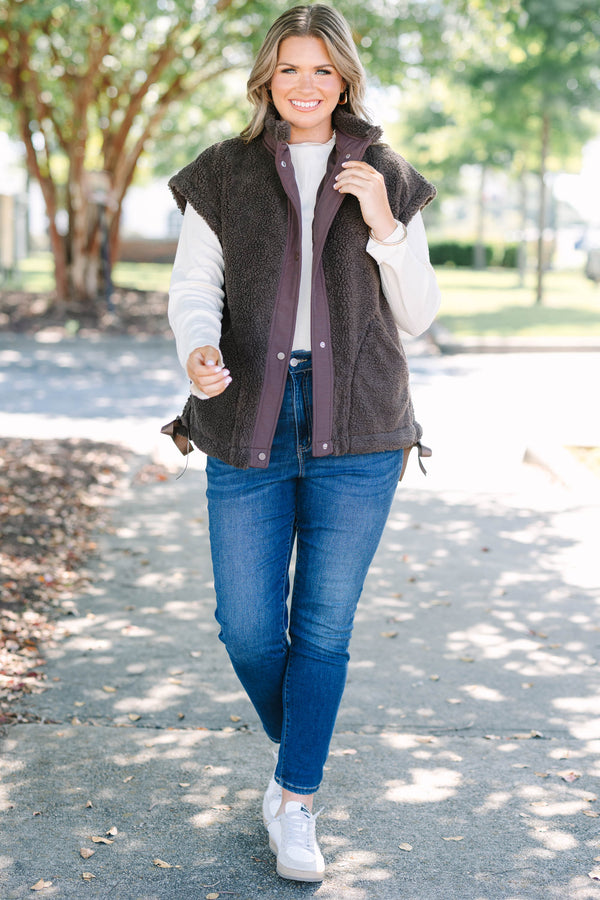 Plus size clothing, fleece chocolate colored vest with snap buttons