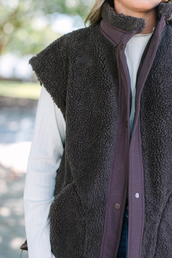 Plus size clothing, fleece chocolate colored vest with snap buttons