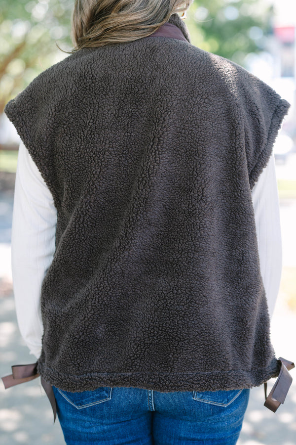 Plus size clothing, fleece chocolate colored vest with snap buttons