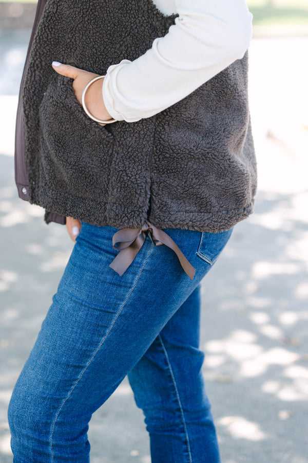 Plus size clothing, fleece chocolate colored vest with snap buttons