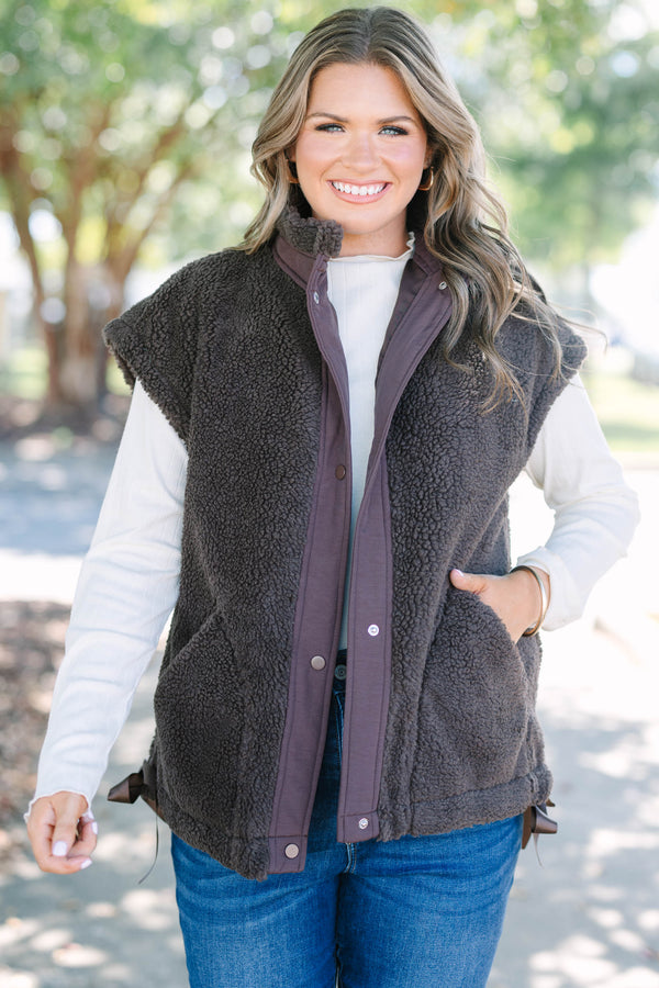 Plus size clothing, fleece chocolate colored vest with snap buttons