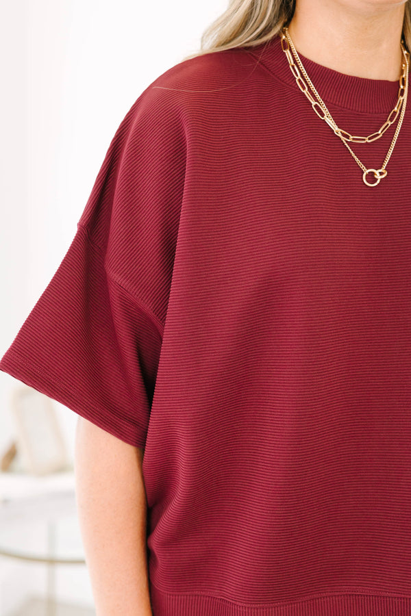 Chic Soul plus size clothing, cabernet red short sleeve crewneck tee with elastic waist band cabernet shorts making a matching set