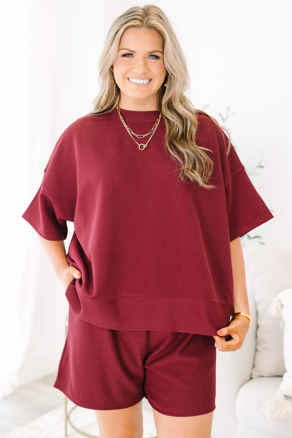 Chic Soul plus size clothing, cabernet red short sleeve crewneck tee with elastic waist band cabernet shorts making a matching set