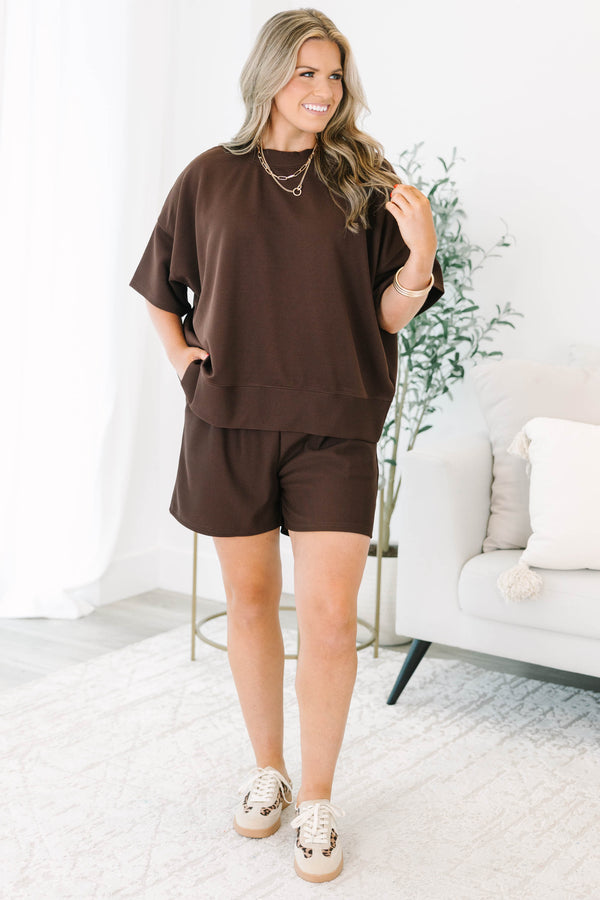Chic Soul plus size clothing, dark brown ribbed material short sleeve crewneck and shorts matching set