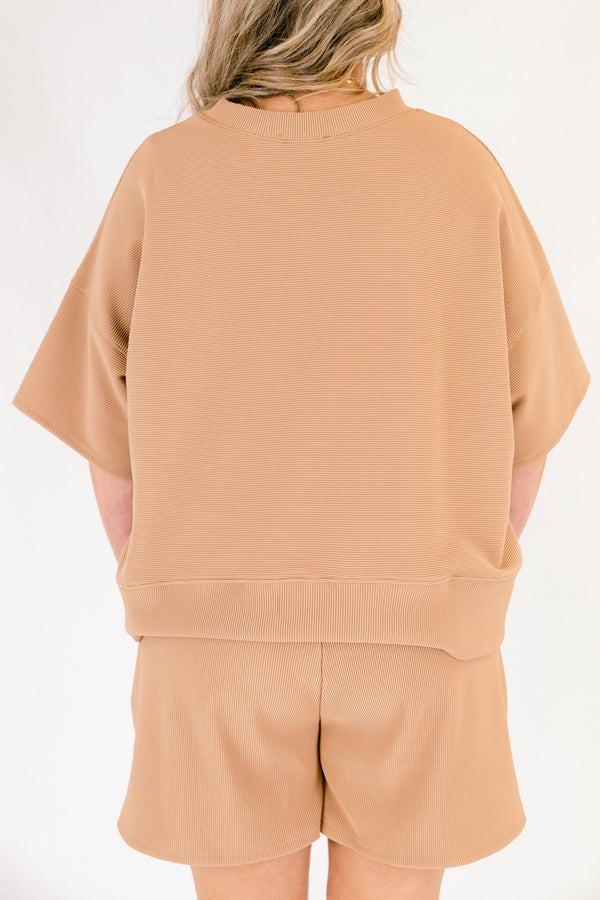 Chic Soul plus size clothing, tan short sleeve and shorts matching set