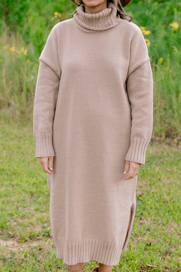 Chic Soul plus size clothing, tan long sleeve turtle neck midi length sweater dress