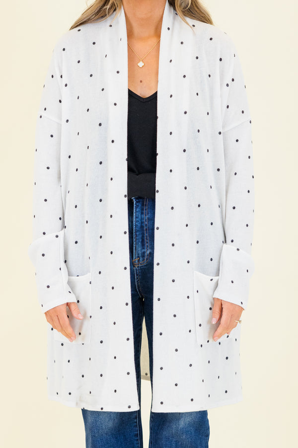 Chic Soul plus size clothing, long-sleeve ivory white knee-length cardigan with small black polka dots and pockets