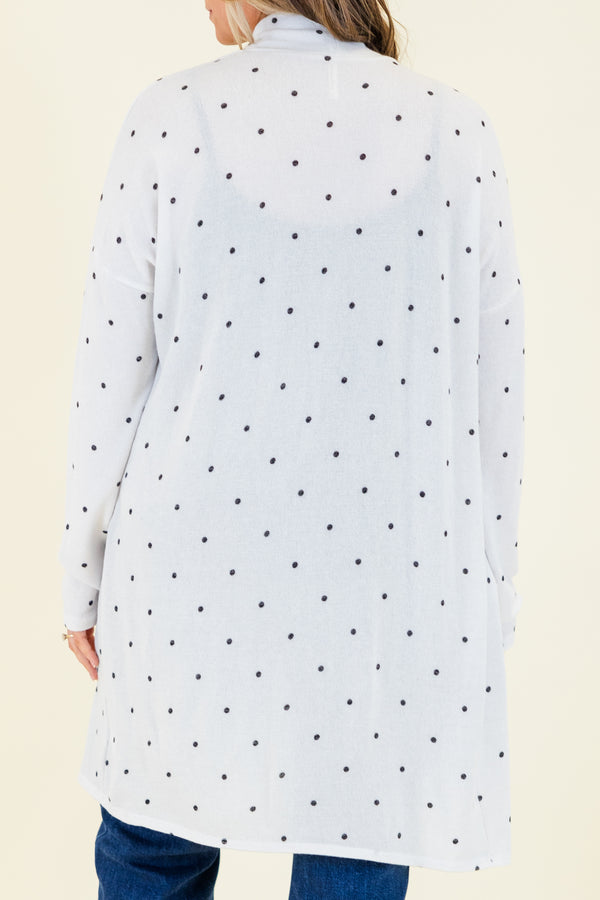 Chic Soul plus size clothing, long-sleeve ivory white knee-length cardigan with small black polka dots and pockets