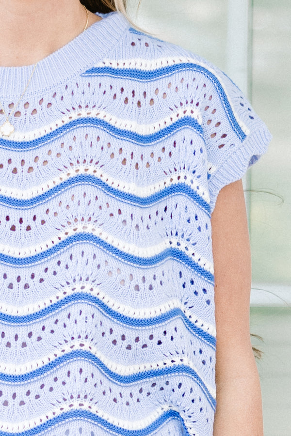 Chic Soul plus size clothing, short-sleeve blue ric rac crochet top with a high-scoop-neckline and a darker blue ric rac pattern