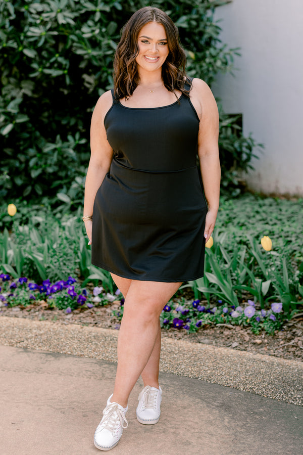 Chic Soul plus size clothing, black dress with built in shorts and a cinched waist