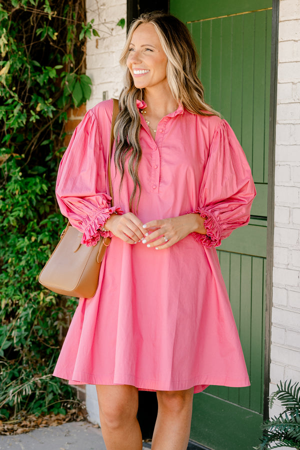 Chic Soul plus size clothing, bubblegum pink three-quarter-bubble sleeve half-button-up short casual dress with waist cinching detail on back