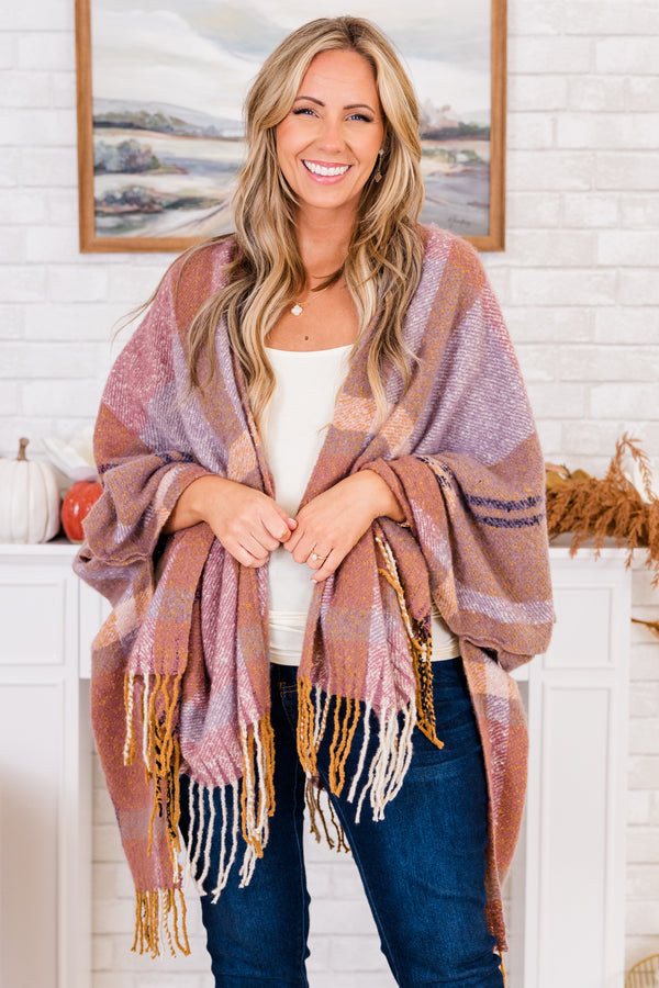 Chic Soul plus size clothing, comfortable mauve poncho scarf with mauve and orange plaid pattern