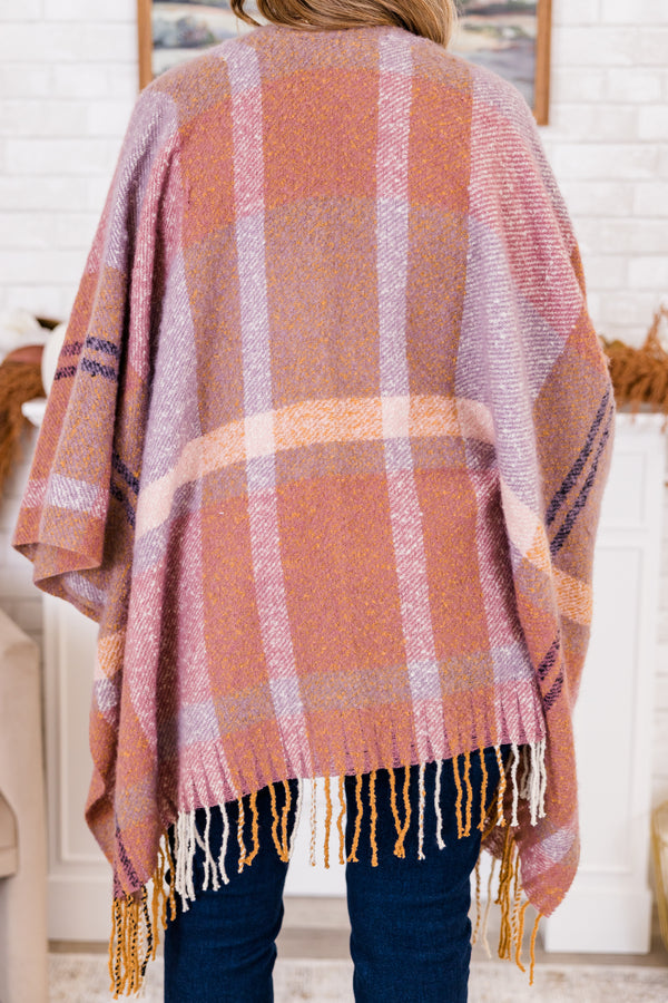 Chic Soul plus size clothing, comfortable mauve poncho scarf with mauve and orange plaid pattern