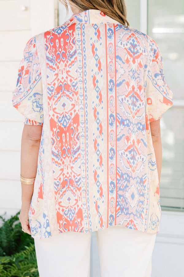 Chic Soul plus size clothing, white v-neck  collared short sleeve top with blue and peach abstract pattern
