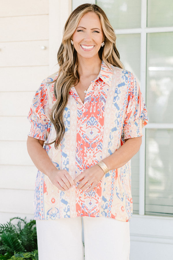 Chic Soul plus size clothing, white v-neck  collared short sleeve top with blue and peach abstract pattern