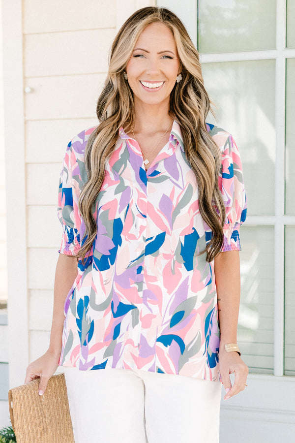 Chic Soul plus size clothing, short-puffed-sleeve lavender multi-colored top with a collar and a split-v-neckline with an abstract floral pattern