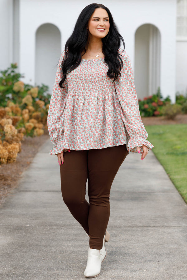Chic Soul plus size clothing, cream and floral top with puff ruffle sleeves