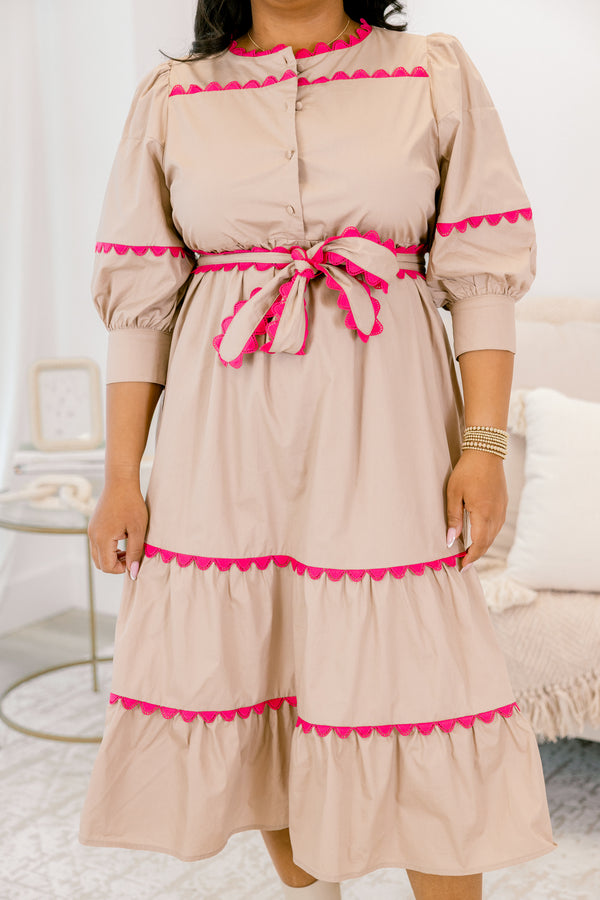 Chic soul plus size clothing, brown midi dress with pink scallop trim and a waist tie