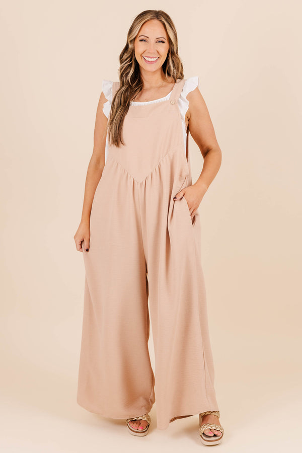 Chic Soul plus size clothing, taupe long jumpsuit with button snap straps with pockets 
