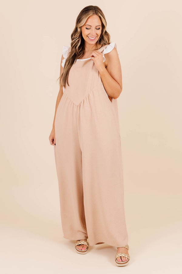 Chic Soul plus size clothing, taupe long jumpsuit with button snap straps with pockets