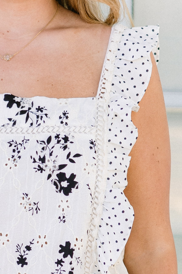 Chic Soul plus size clothing, ivory shirt/blouse with blue floral pattern and ruffle flutter sleeves