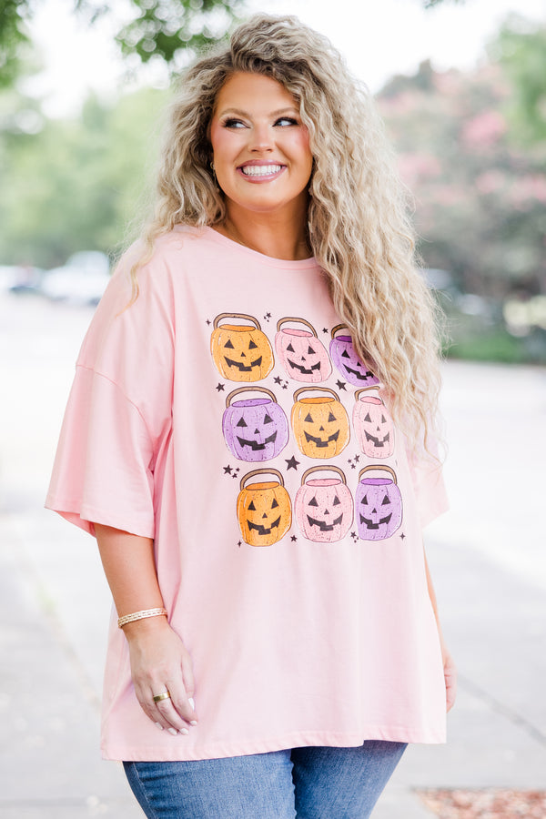 Plus Size cream pink oversized boyfriend tee with a colorful pumpkin bucket graphic and short sleeves.