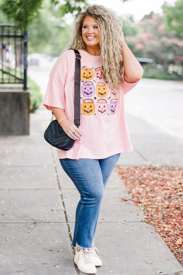 Plus Size cream pink oversized boyfriend tee with a colorful pumpkin bucket graphic and short 