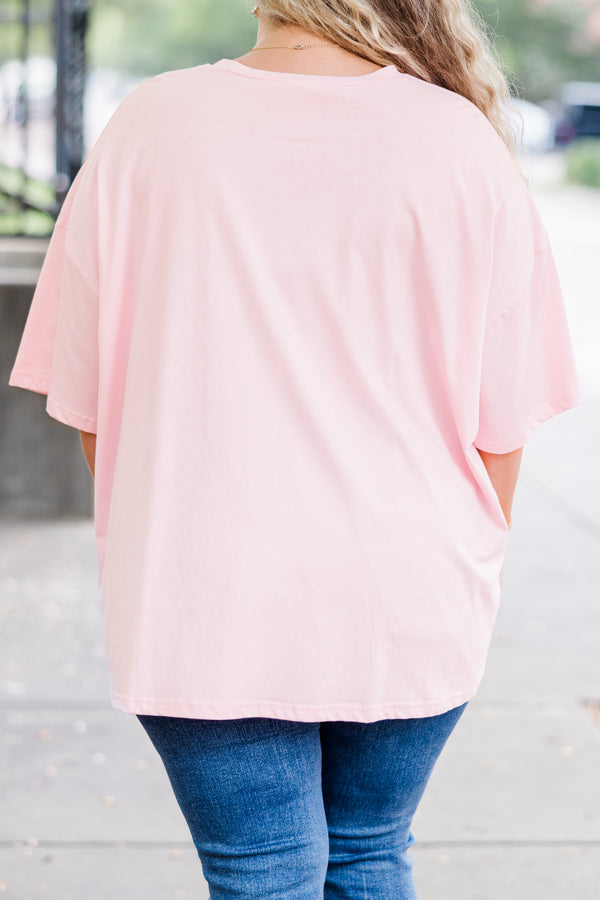 Plus Size cream pink oversized boyfriend tee with a colorful pumpkin bucket graphic and short 