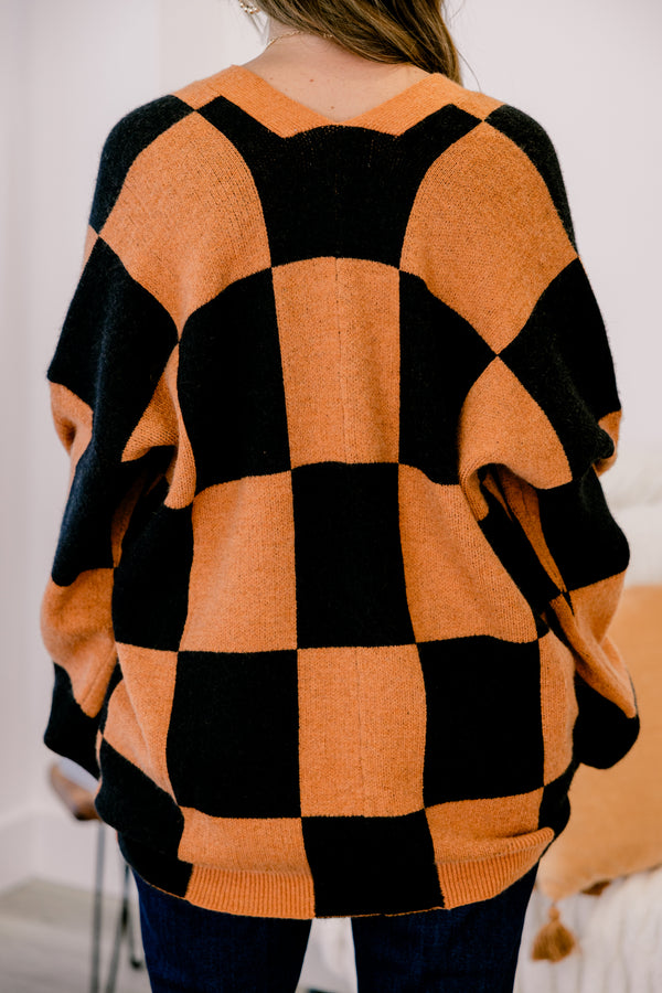 Chic Soul plus size clothing, black and orange checkered button up slouchy fit v neck cardigan