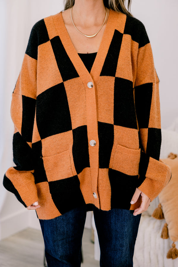 Chic Soul plus size clothing, black and orange checkered button up slouchy fit v neck cardigan