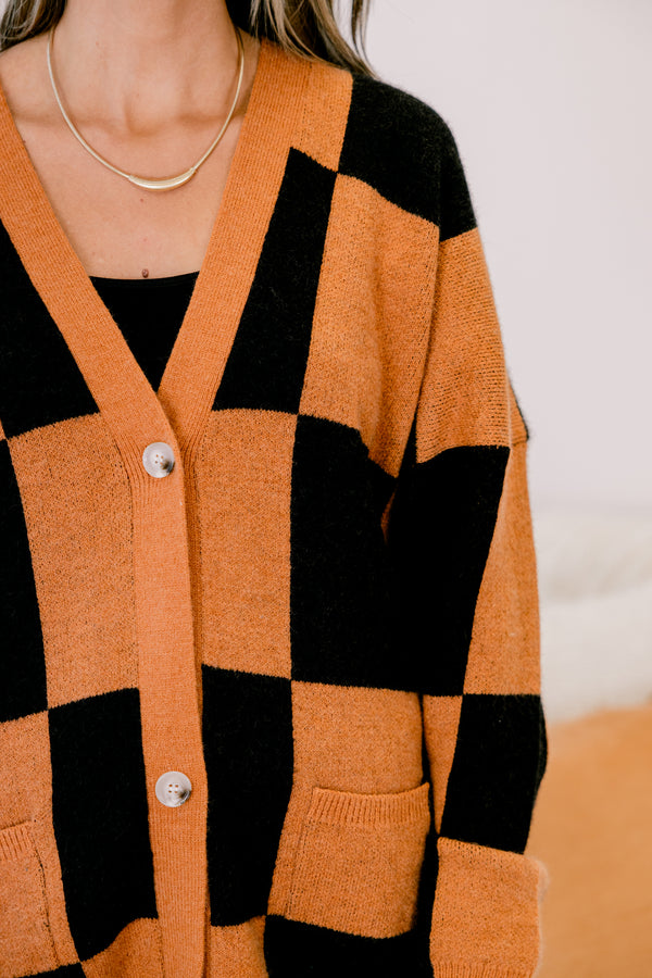 Chic Soul plus size clothing, black and orange checkered button up slouchy fit v neck cardigan
