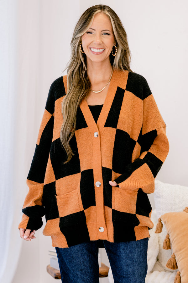 Chic Soul plus size clothing, black and orange checkered button up slouchy fit v neck cardigan