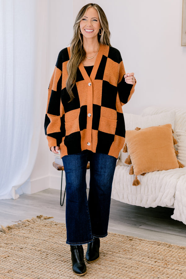Chic Soul plus size clothing, black and orange checkered button up slouchy fit v neck cardigan