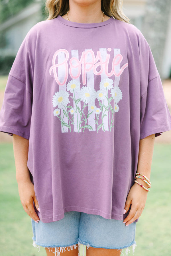 Plus size lilac grey boyfriend tee with Oopsie Daisies graphic, relaxed fit, 100% cotton.