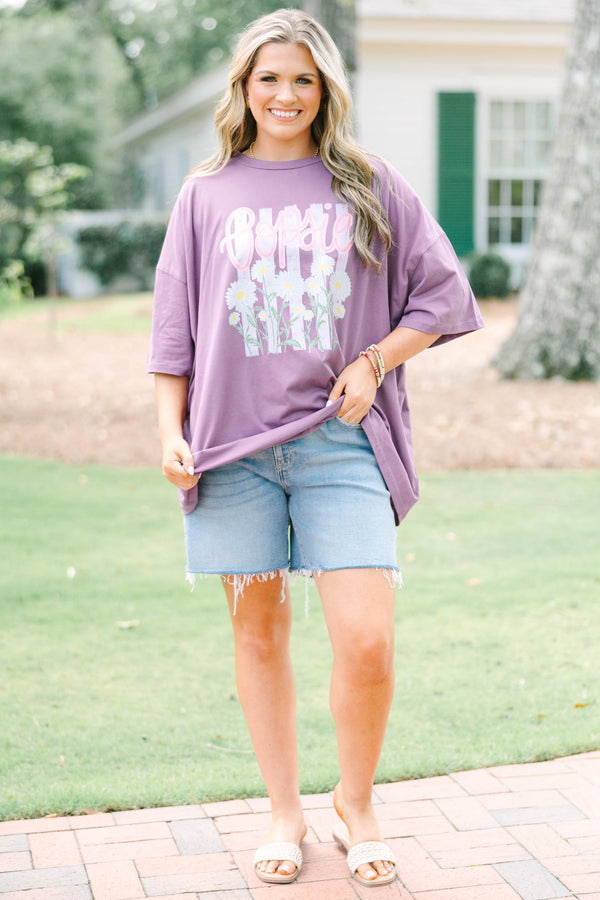 Plus size lilac grey boyfriend tee with Oopsie Daisies graphic, relaxed fit, 100% cotton.