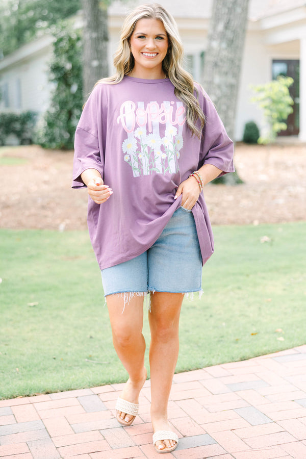 Plus size lilac grey boyfriend tee with Oopsie Daisies graphic, relaxed fit, 100% cotton.