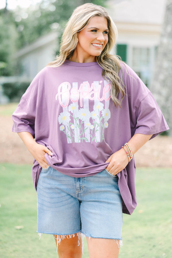 Plus size lilac grey boyfriend tee with Oopsie Daisies graphic, relaxed fit, 100% cotton.