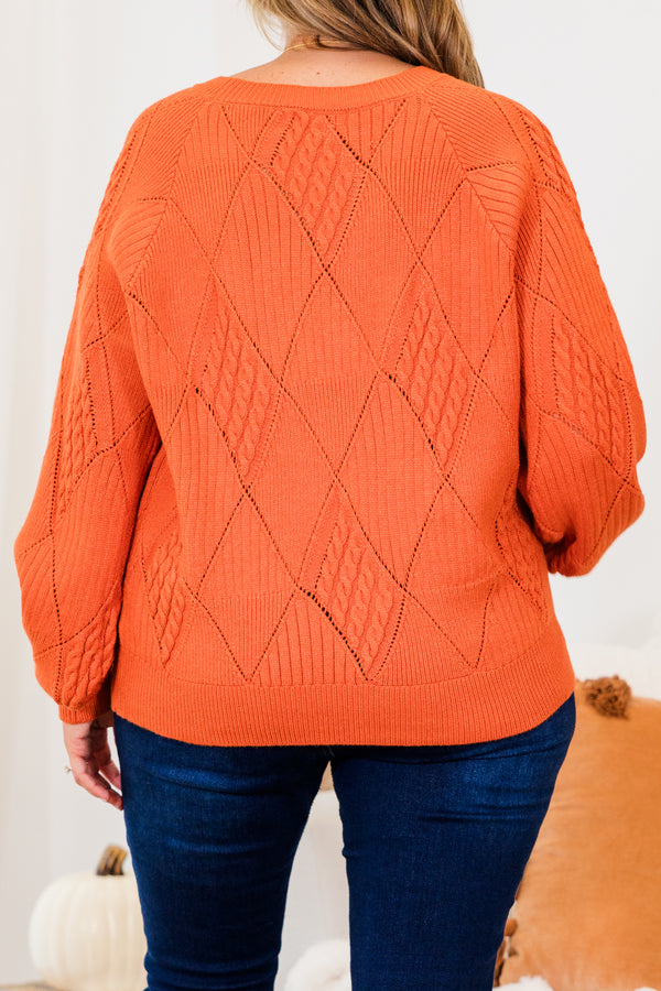 Chic Soul plus size clothing, rust long sleeve knit sweater with geometric design with cuffed bubble sleeves with round neckline
