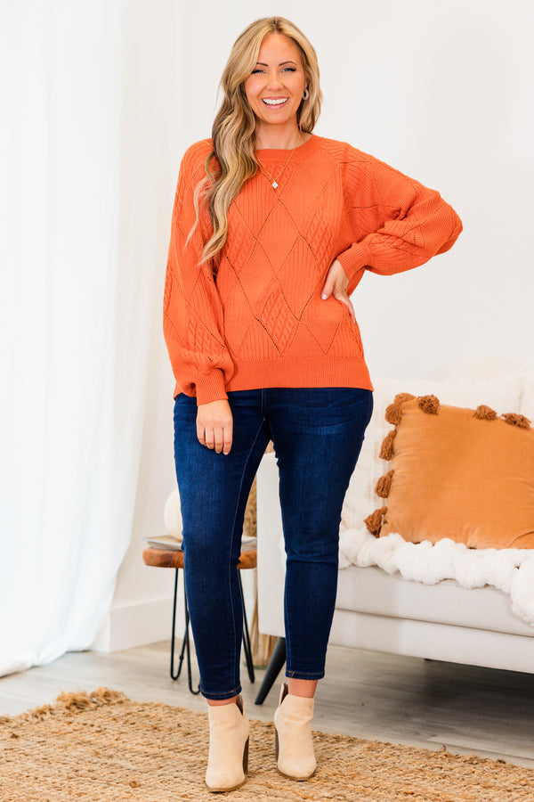 Chic Soul plus size clothing, rust long sleeve knit sweater with geometric design with cuffed bubble sleeves with round neckline