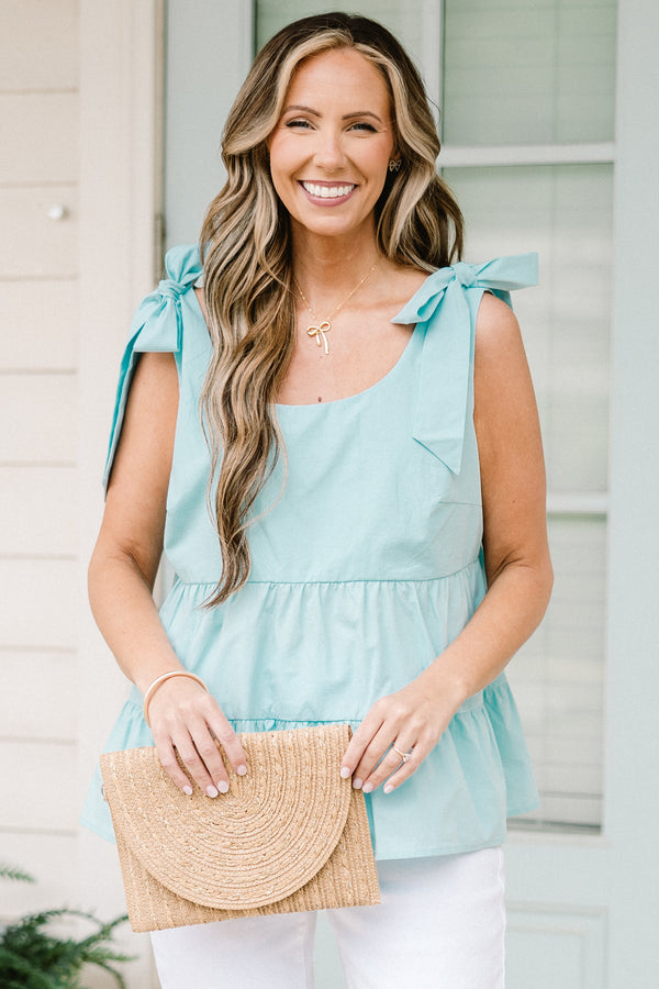 Chic Soul plus size clothing, teal sleeveless tier tank with bow tied sleeve detailing with scoop neckline
